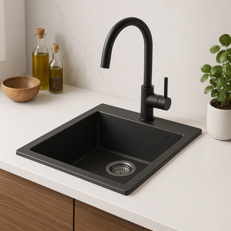 GraniteMy Bremen chiuvetă de granit 40x50 cm negru pentru montaj deasupra, sub montaj și montaj la nivel cu blat, cu banc de robinet și dop din oțel inoxidabil 1208967278